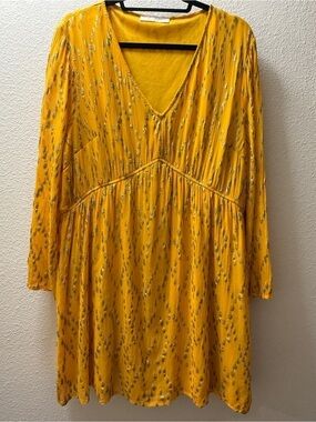 A Beautiful Soul Dress Women XL Yellow Gold Lurex Boho V-Neck Mini Tunic Chiffon